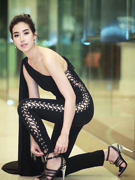 One Shoulder Train Lace Up Sleeveless Skinny Jumpsuit Mssza