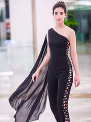 One Shoulder Train Lace Up Sleeveless Skinny Jumpsuit Mssza