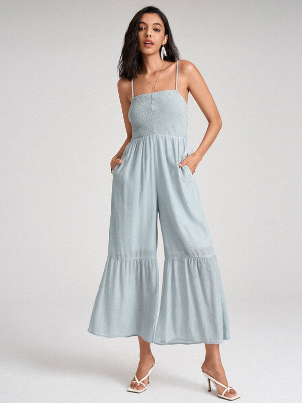Open Back Pocket Solid Wide Leg Jumpsuit Mssza