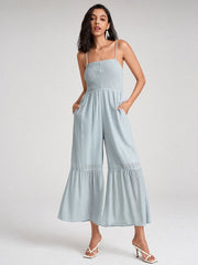 Open Back Pocket Solid Wide Leg Jumpsuit Mssza