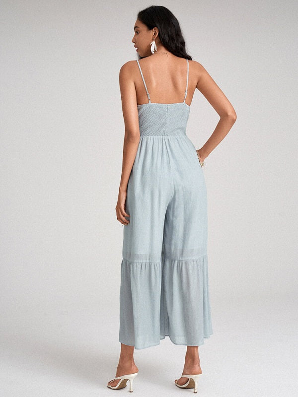 Open Back Pocket Solid Wide Leg Jumpsuit Mssza