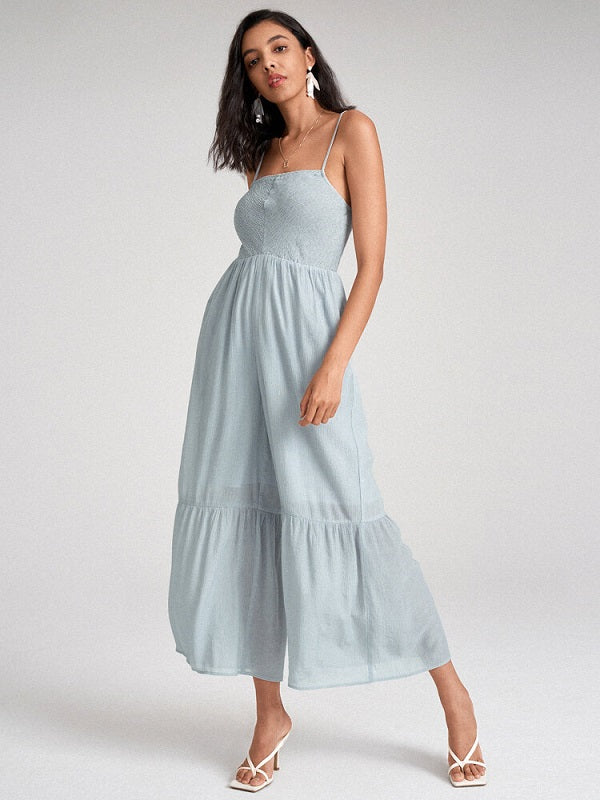 Open Back Pocket Solid Wide Leg Jumpsuit Mssza