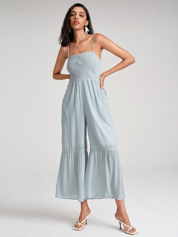 Open Back Pocket Solid Wide Leg Jumpsuit Mssza