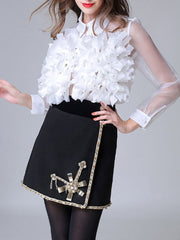 Organza Turndown Collar Sheer Retro Flowers Long Sleeves Tops Mssza