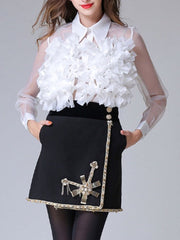 Organza Turndown Collar Sheer Retro Flowers Long Sleeves Tops Mssza