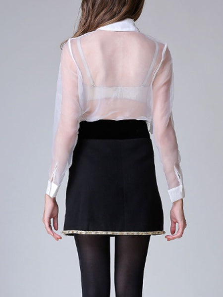 Organza Turndown Collar Sheer Retro Flowers Long Sleeves Tops Mssza
