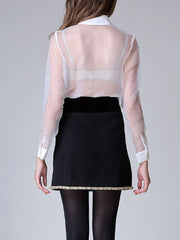Organza Turndown Collar Sheer Retro Flowers Long Sleeves Tops Mssza