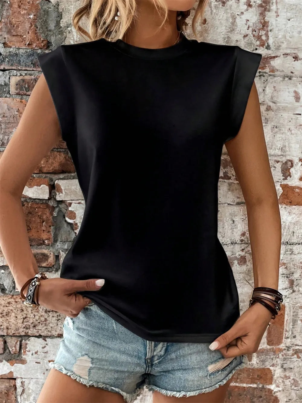 Outdoor Party And club Tops Round Neck Cap Sleeve Blouse Tops Mssza