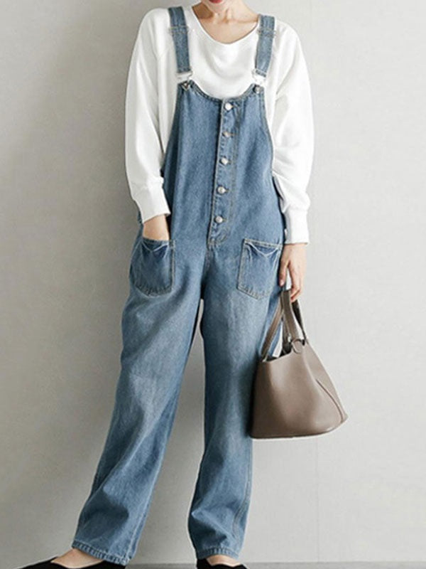Overall Straps Neck Sleeveless Buttons Acrylic Straight Playsuit Mssza