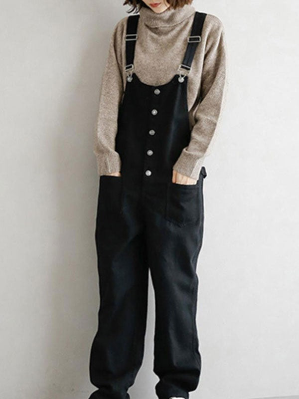 Overall Straps Neck Sleeveless Buttons Acrylic Straight Playsuit Mssza
