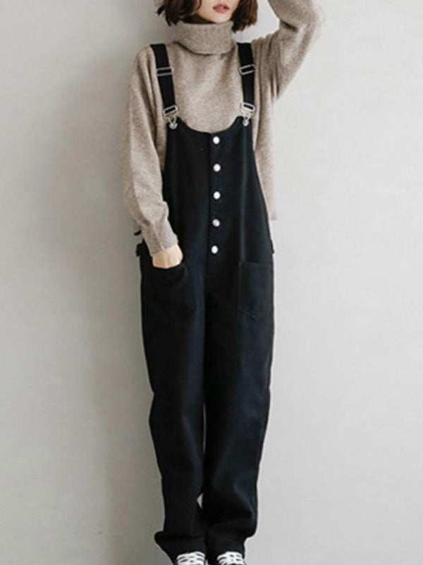 Overall Straps Neck Sleeveless Buttons Acrylic Straight Playsuit Mssza
