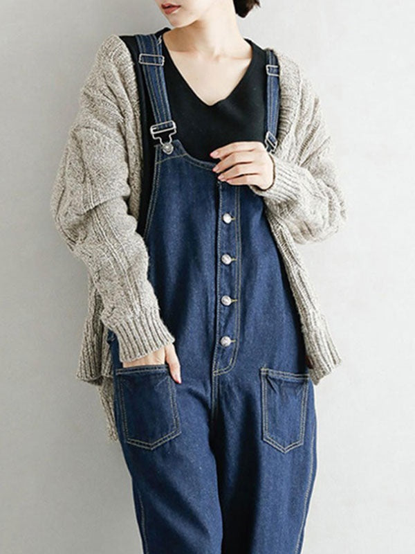 Overall Straps Neck Sleeveless Buttons Acrylic Straight Playsuit Mssza
