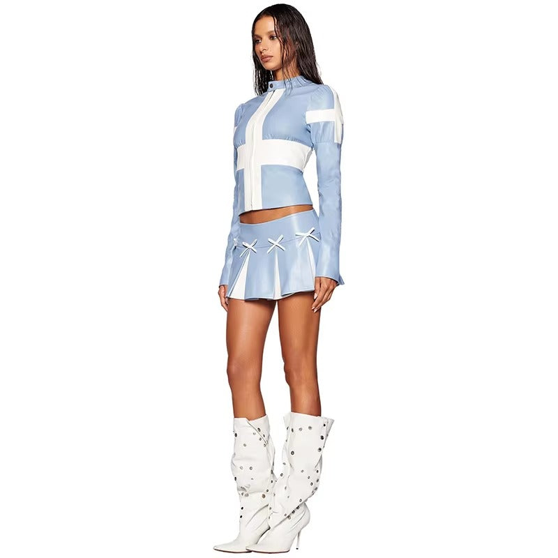 PU Faux Leather Jackets Top And High Waist Pleated Mini Skirt 2 Piece Set Mssza