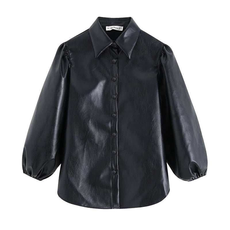 PU Faux Leather Turn Down Collar Sleeve Blouse Shirt Mssza