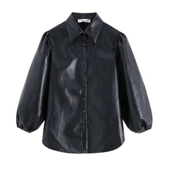 PU Faux Leather Turn Down Collar Sleeve Blouse Shirt Mssza