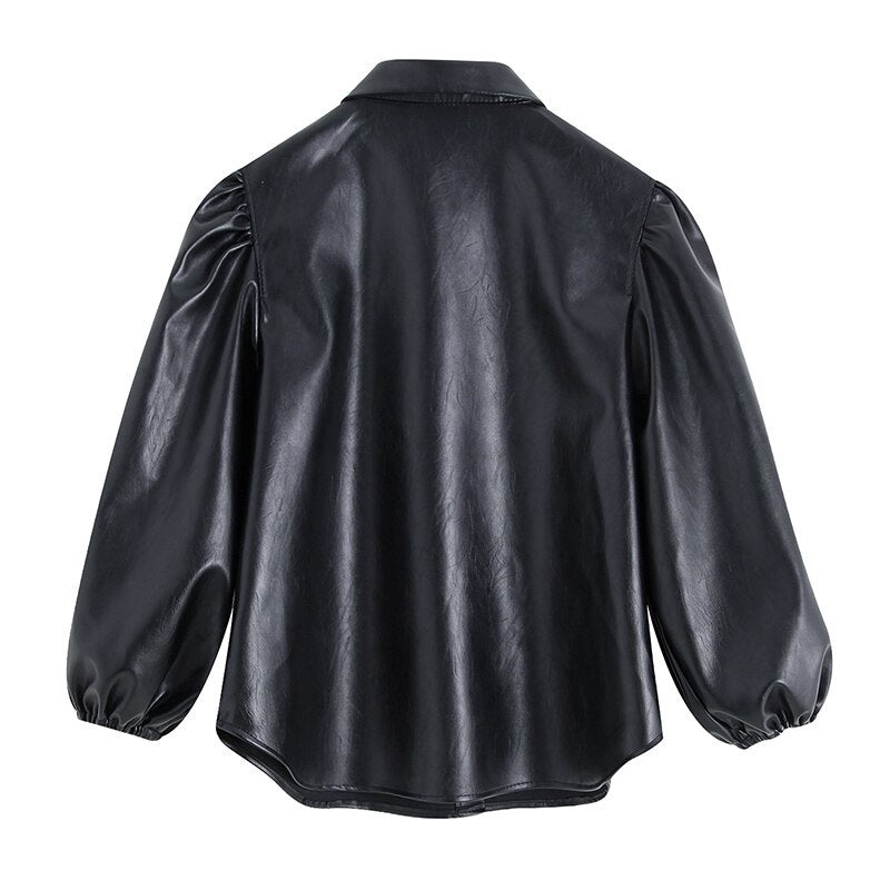 PU Faux Leather Turn Down Collar Sleeve Blouse Shirt Mssza