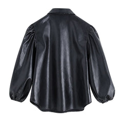 PU Faux Leather Turn Down Collar Sleeve Blouse Shirt Mssza