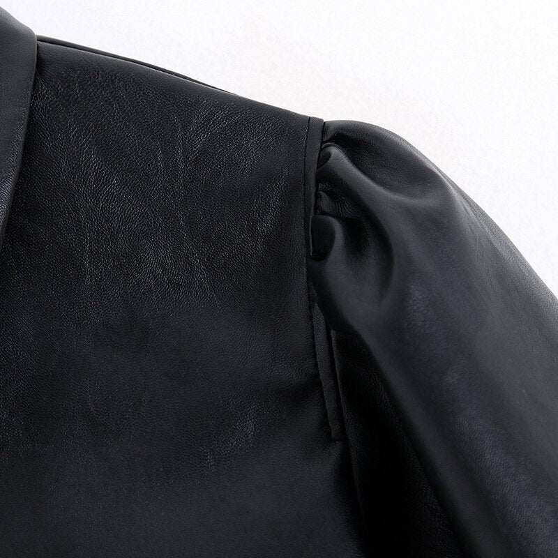 PU Faux Leather Turn Down Collar Sleeve Blouse Shirt Mssza