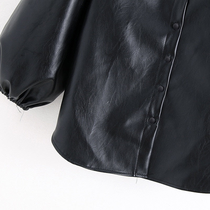 PU Faux Leather Turn Down Collar Sleeve Blouse Shirt Mssza