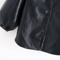 PU Faux Leather Turn Down Collar Sleeve Blouse Shirt Mssza