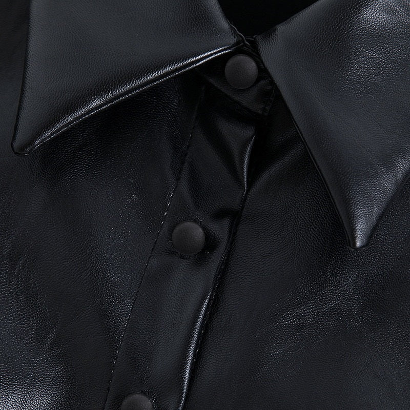 PU Faux Leather Turn Down Collar Sleeve Blouse Shirt Mssza