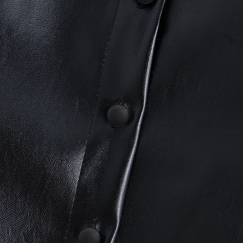 PU Faux Leather Turn Down Collar Sleeve Blouse Shirt Mssza