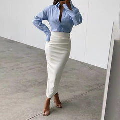 PU High Waist Gown Elegant And Vintage Streetwear Midi Skirt Mssza
