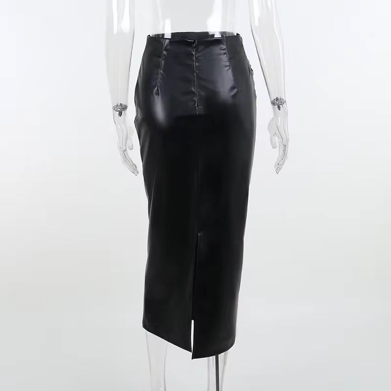 PU High Waist Gown Elegant And Vintage Streetwear Midi Skirt Mssza