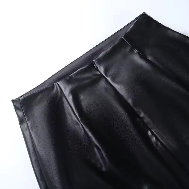 PU High Waist Gown Elegant And Vintage Streetwear Midi Skirt Mssza
