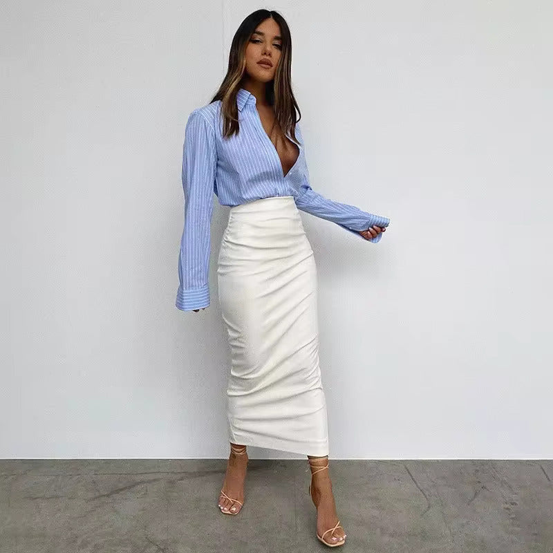PU High Waist Gown Elegant And Vintage Streetwear Midi Skirt Mssza