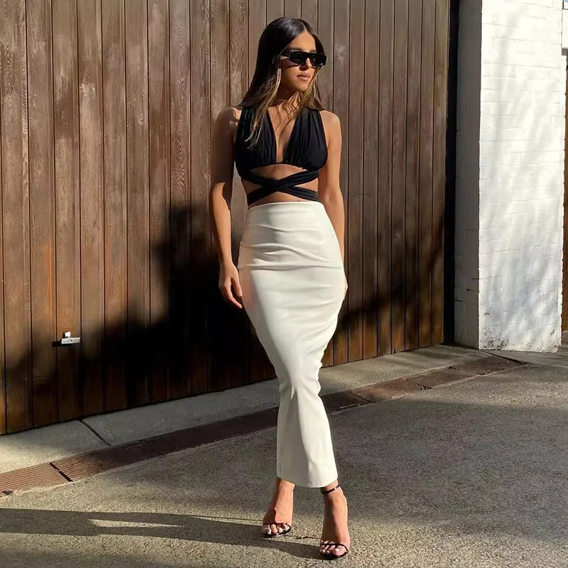 PU High Waist Gown Elegant And Vintage Streetwear Midi Skirt Mssza