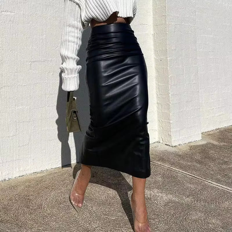 PU High Waist Gown Elegant And Vintage Streetwear Midi Skirt Mssza