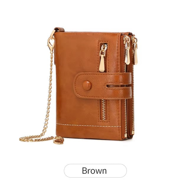 PU Leather Short With Chain Three Layer Retro Style Card Holder Mssza