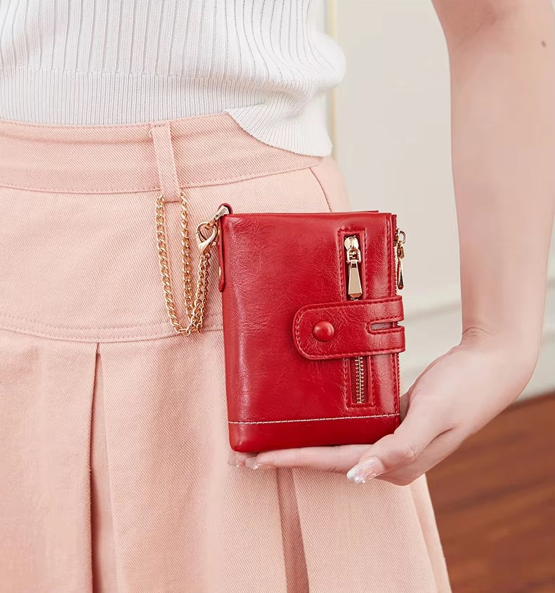 PU Leather Short With Chain Three Layer Retro Style Card Holder Mssza