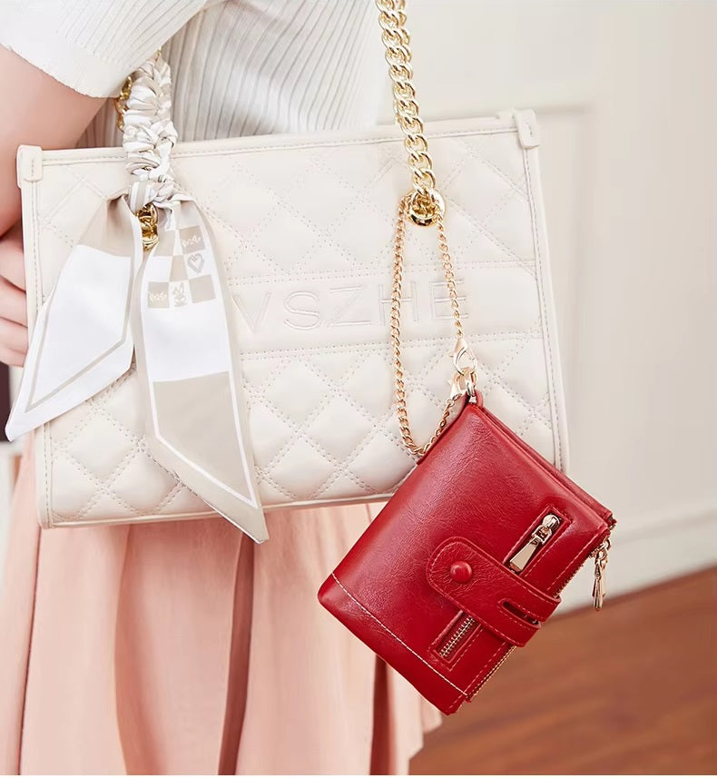 PU Leather Short With Chain Three Layer Retro Style Card Holder Mssza