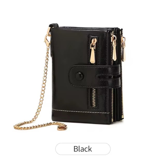 PU Leather Short With Chain Three Layer Retro Style Card Holder Mssza