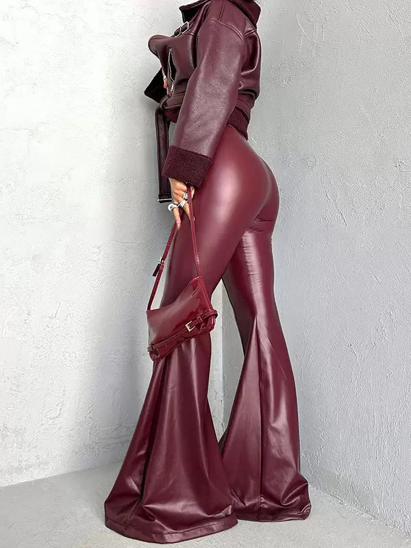 PU Leather Solid Color Zipper Fly Raised Waist Street Wear Trousers Mssza