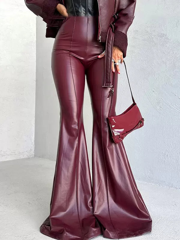 PU Leather Solid Color Zipper Fly Raised Waist Street Wear Trousers Mssza