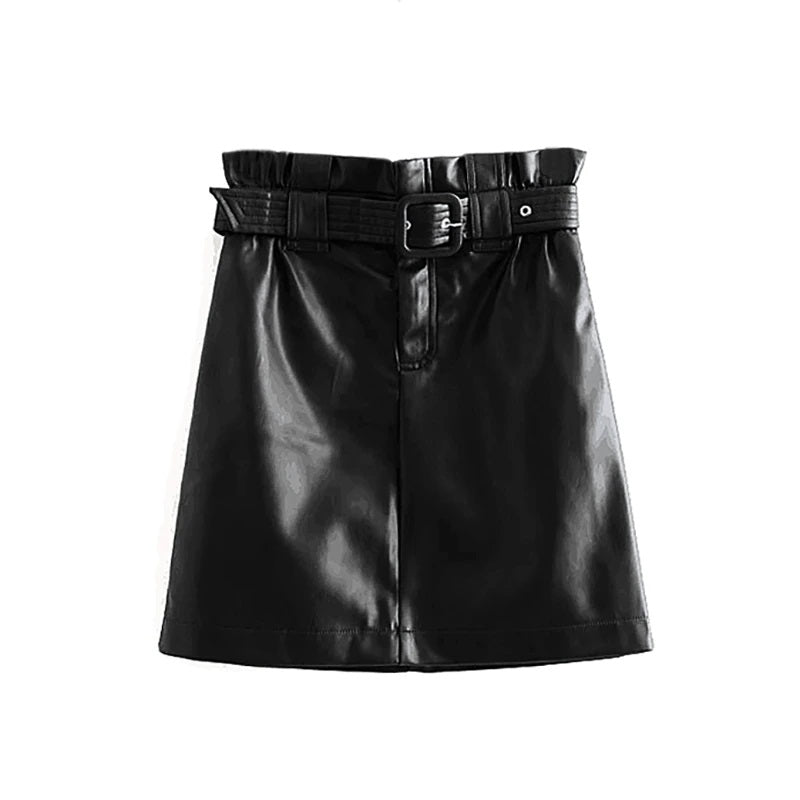 PU Leather Waist Pleated Streetwear Chic A Line Mini Skirt Mssza
