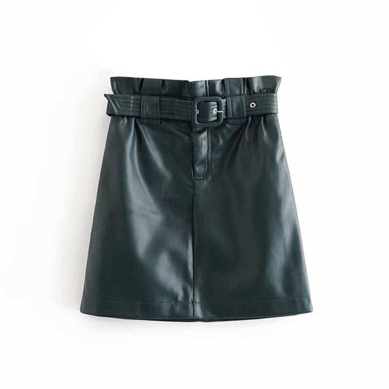 PU Leather Waist Pleated Streetwear Chic A Line Mini Skirt Mssza