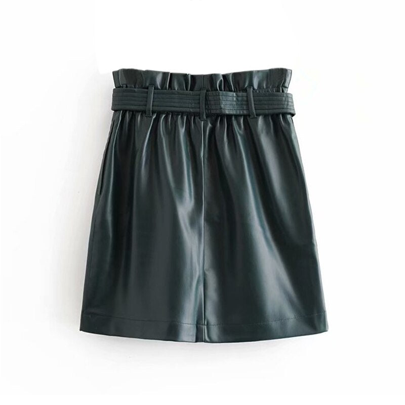 PU Leather Waist Pleated Streetwear Chic A Line Mini Skirt Mssza