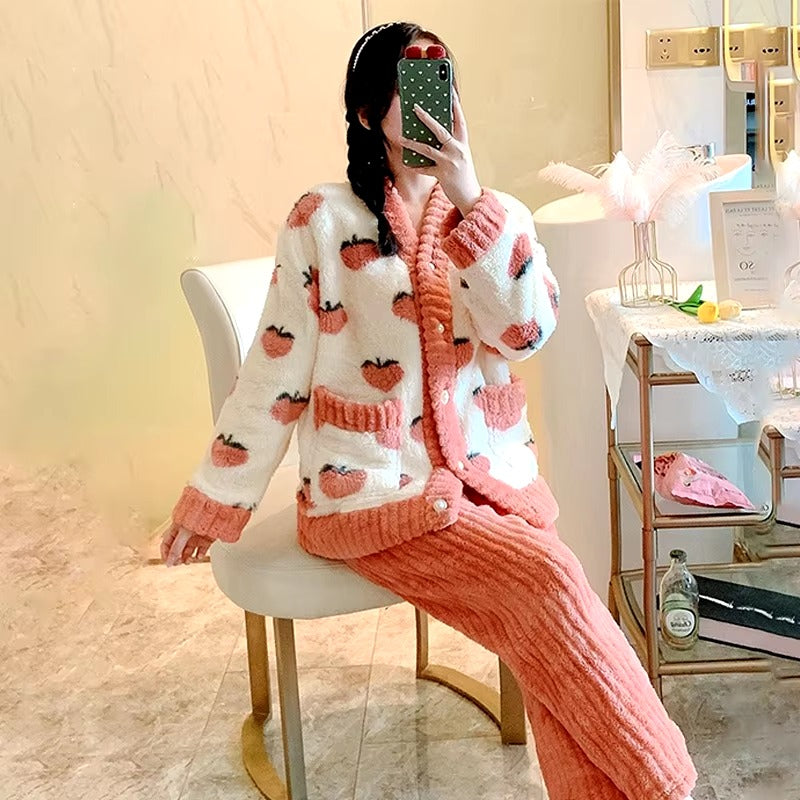 Padded And Thickened Warm Coral Velvet 2 Piece Pajamas Set Mssza