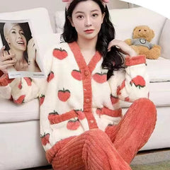 Padded And Thickened Warm Coral Velvet 2 Piece Pajamas Set Mssza