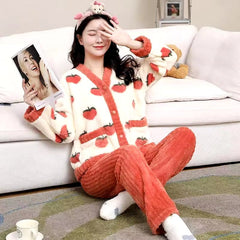 Padded And Thickened Warm Coral Velvet 2 Piece Pajamas Set Mssza