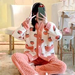 Padded And Thickened Warm Coral Velvet 2 Piece Pajamas Set Mssza