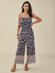 Paisley Print Adjustable Strap Open Back Chiffon Jumpsuit Mssza