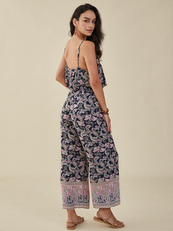 Paisley Print Adjustable Strap Open Back Chiffon Jumpsuit Mssza