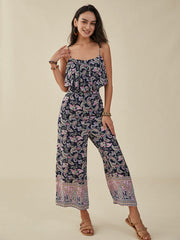 Paisley Print Adjustable Strap Open Back Chiffon Jumpsuit Mssza