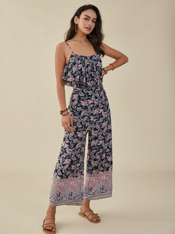 Paisley Print Adjustable Strap Open Back Chiffon Jumpsuit Mssza