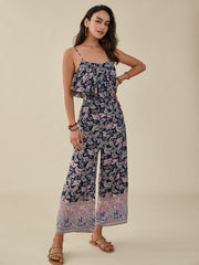 Paisley Print Adjustable Strap Open Back Chiffon Jumpsuit Mssza